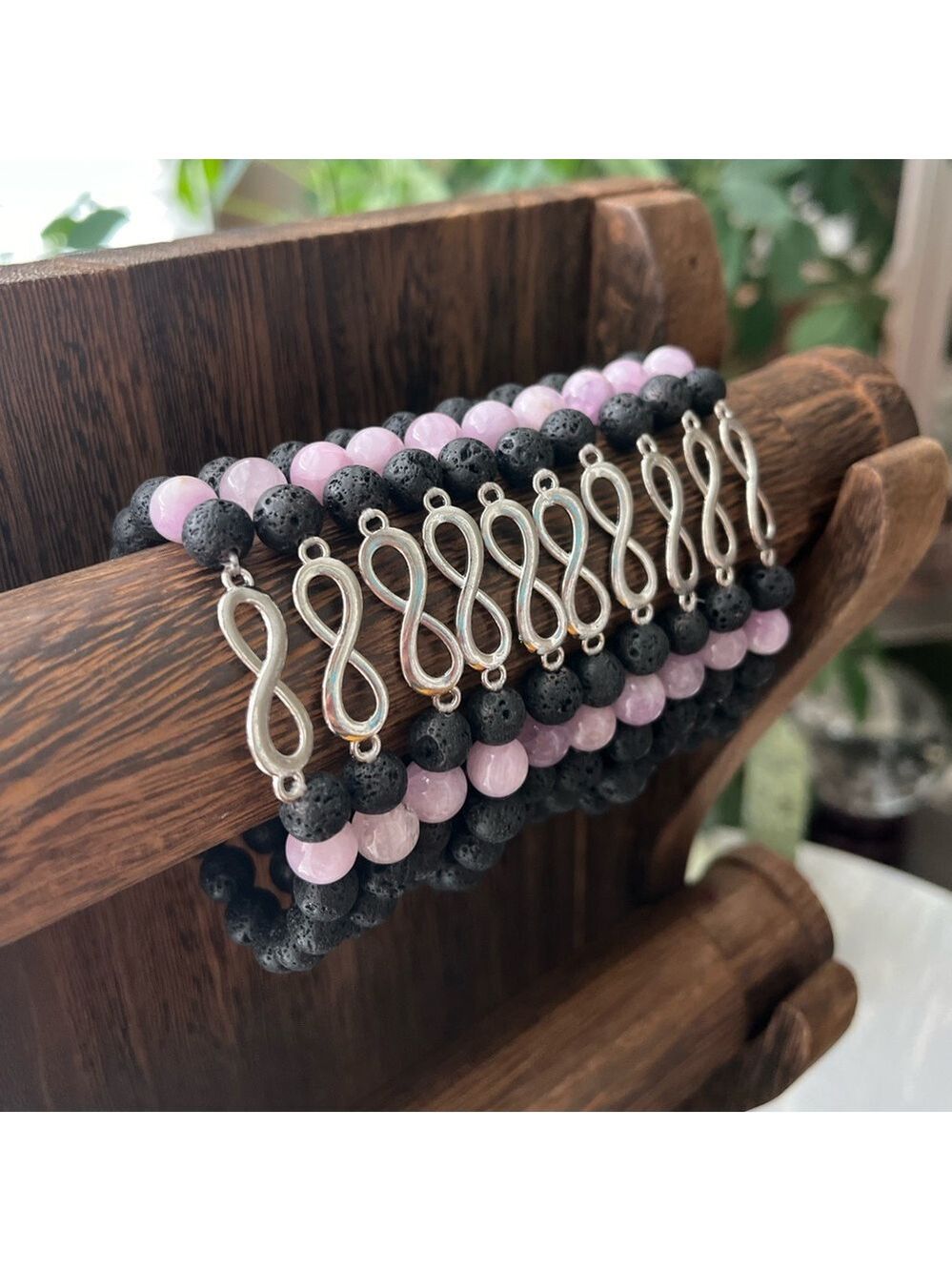 Kunzite and lava stone infinity bracelet (one)